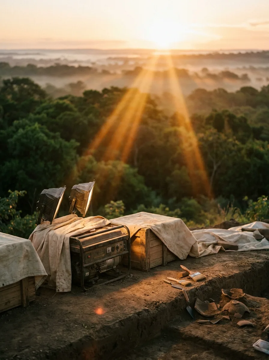 Frente de escavação arqueológica ao amanhecer