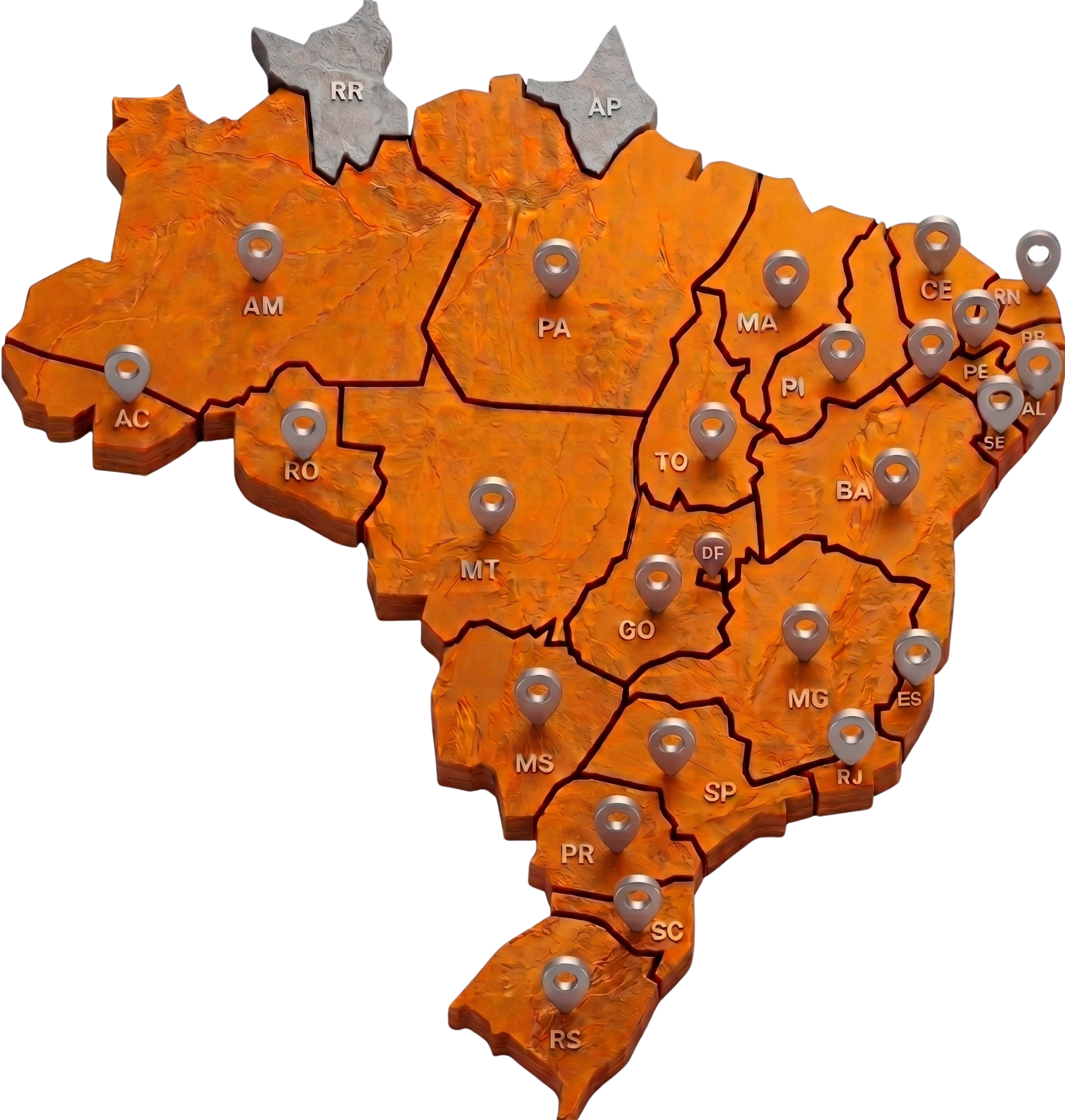 Mapa dos estados onde a Hábilis Consultoria atua — AM, PA, RO, MT, MS, GO, MG, BA, TO, MA, PI, SP, PR, SC, RS